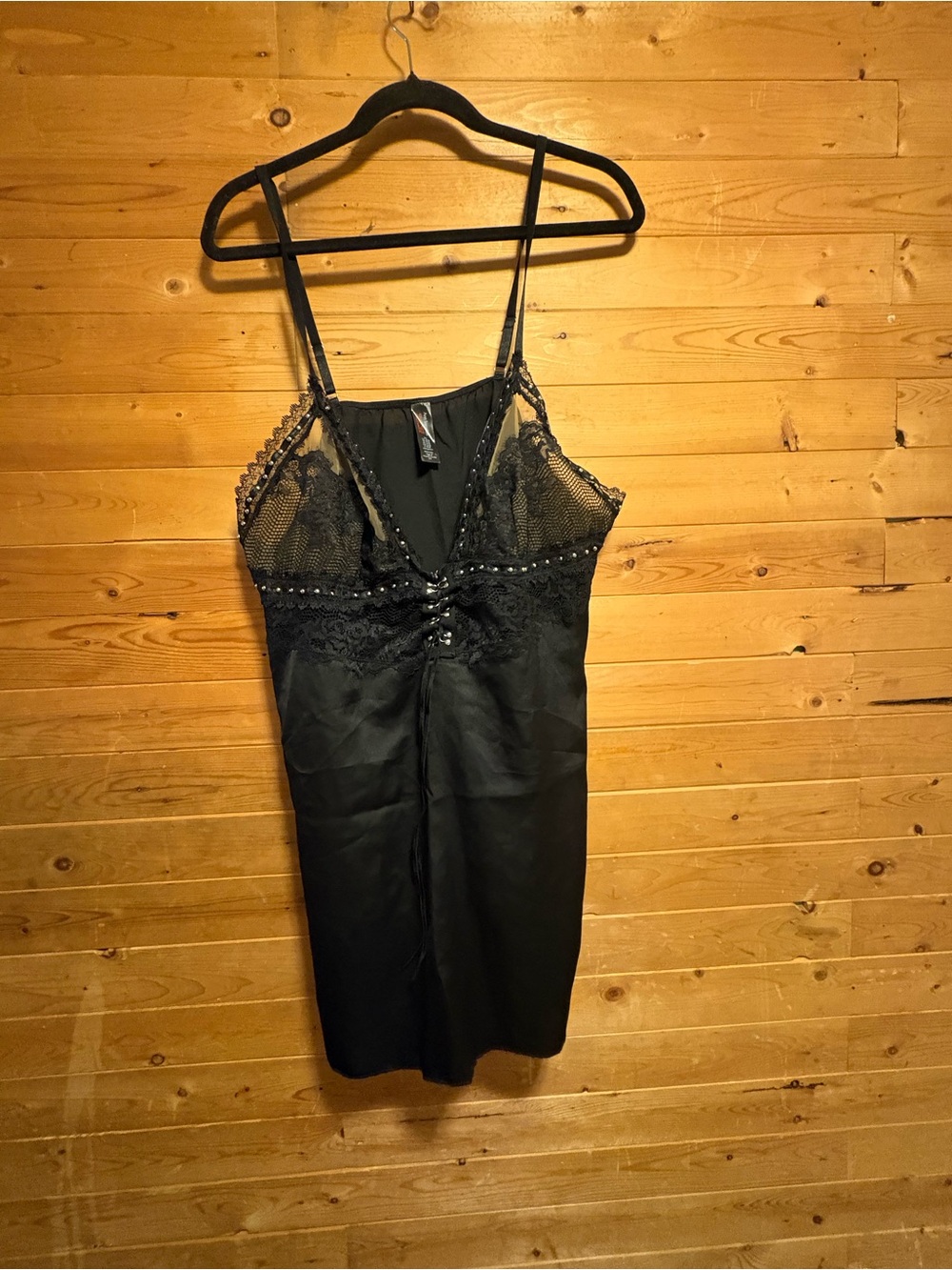Black Lace & Mesh Satin Chemise with Bead Detail